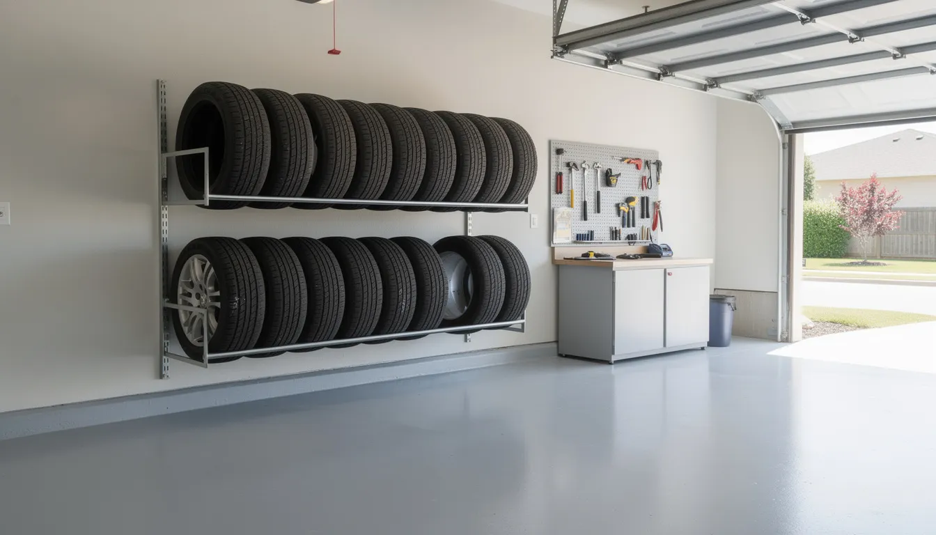 The image depicts a clean garage interior featuring a neatly organized tire rack, showcasing a variety of tires including winter tires and all season tires. This setup emphasizes the importance of proper tire storage and the transition from winter driving conditions to warmer months, highlighting the need for a spring tire change to ensure safe driving.