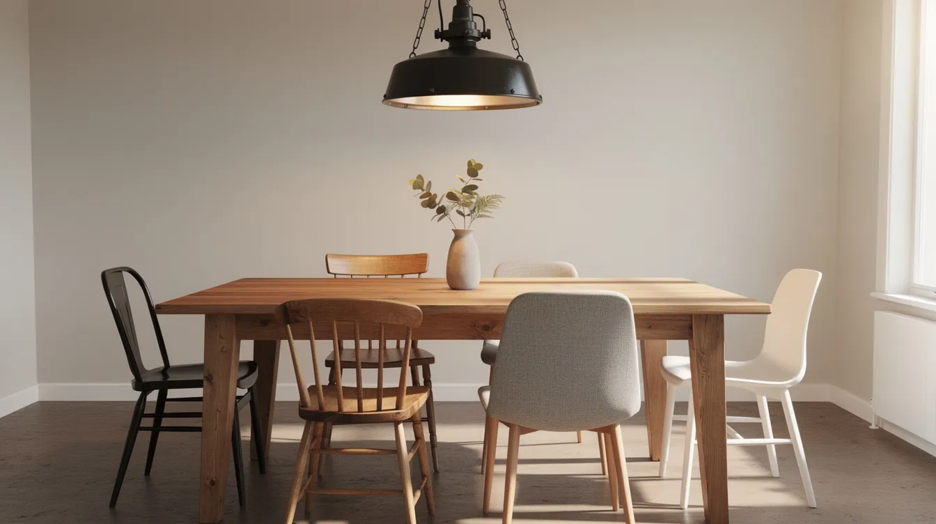 De eetkamer toont een mooie mix van verschillende meubelstijlen, met een klassieke houten tafel omringd door stoelen in uiteenlopende stijlen en een industriële hanglamp die boven de tafel hangt. De combinatie van zachte tinten en natuurlijke materialen creëert een harmonieuze sfeer, perfect voor eclectisch wonen.