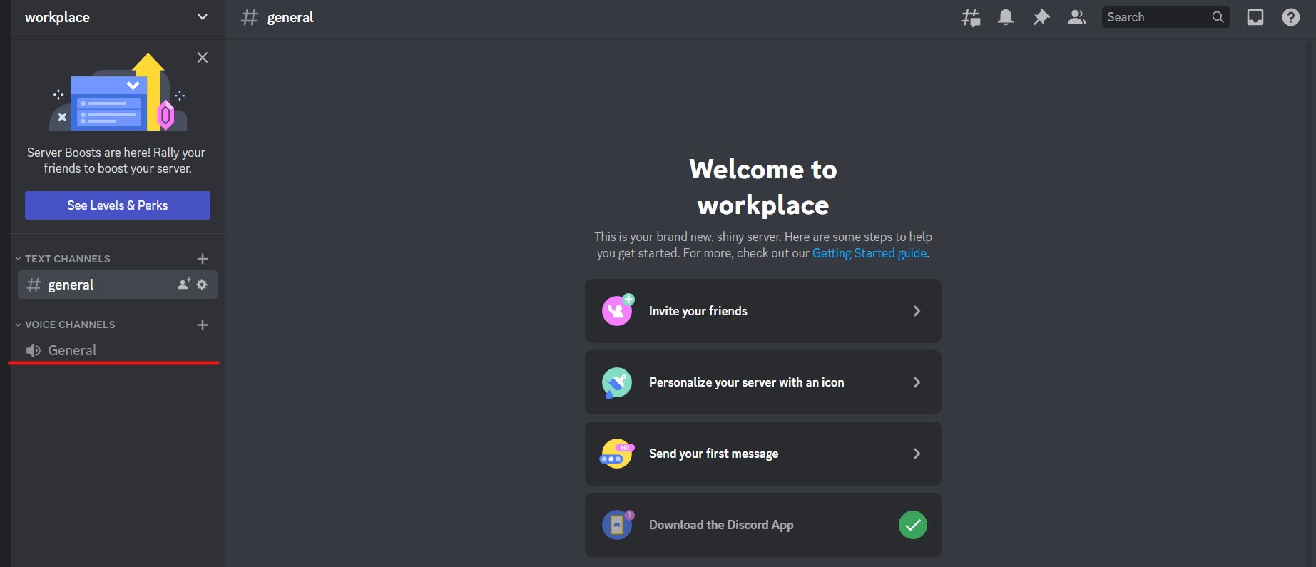 The general channel in Discord workspace