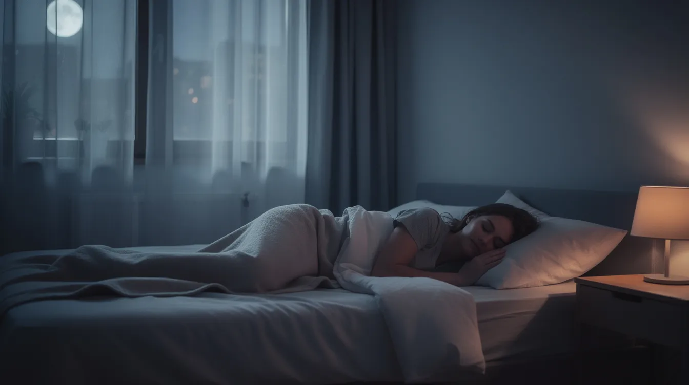 A woman is sleeping peacefully in a cool, dark bedroom with light curtains, promoting sleep quality which is essential for healthy aging and overall health. This serene environment may help reduce inflammation and support metabolic health, contributing to her well-being.
