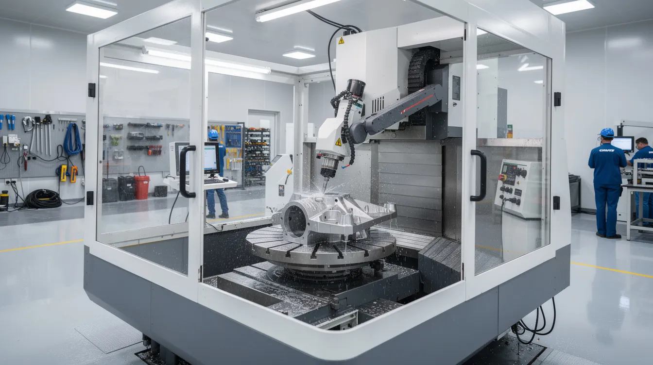 The image shows a modern five-axis CNC milling machine operating in a pristine aerospace manufacturing facility, where precision machining is essential for creating complex aerospace components. This advanced machinery is utilized for aerospace CNC machining services, particularly for critical engine parts and structural components made from materials like titanium alloys and aluminum alloys.