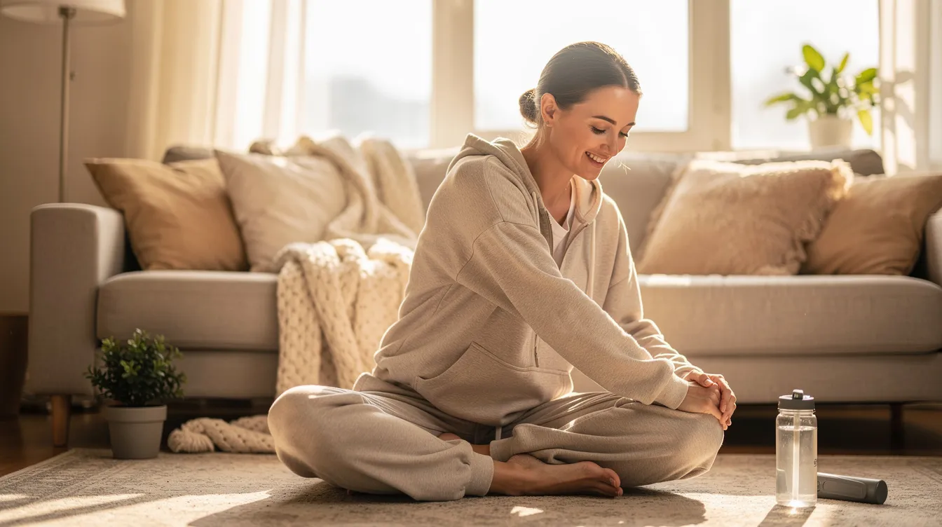 The image depicts a person in comfortable clothing gently stretching, embodying a sense of post-recovery wellness, which may resonate with individuals considering tummy tuck surgery or other body contouring procedures. The relaxed posture suggests a focus on healing and self-care after significant weight loss or surgical procedures.
