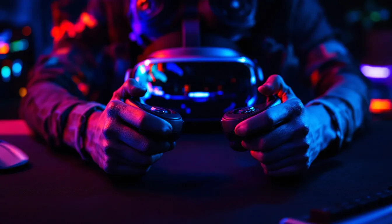 A close-up view of hands engaged with a VR headset, such as the Oculus Quest, while gaming accessories including a controller, mouse, and an RGB keyboard are visible on a futuristic desk setup, highlighting the immersive gaming experience and the latest tech gadgets that make perfect gifts for tech lovers.