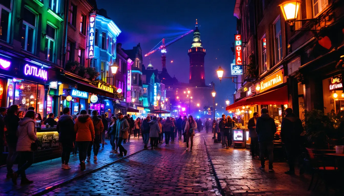 En livlig nattelivsscene i Gdansk, der viser barer og klubber.