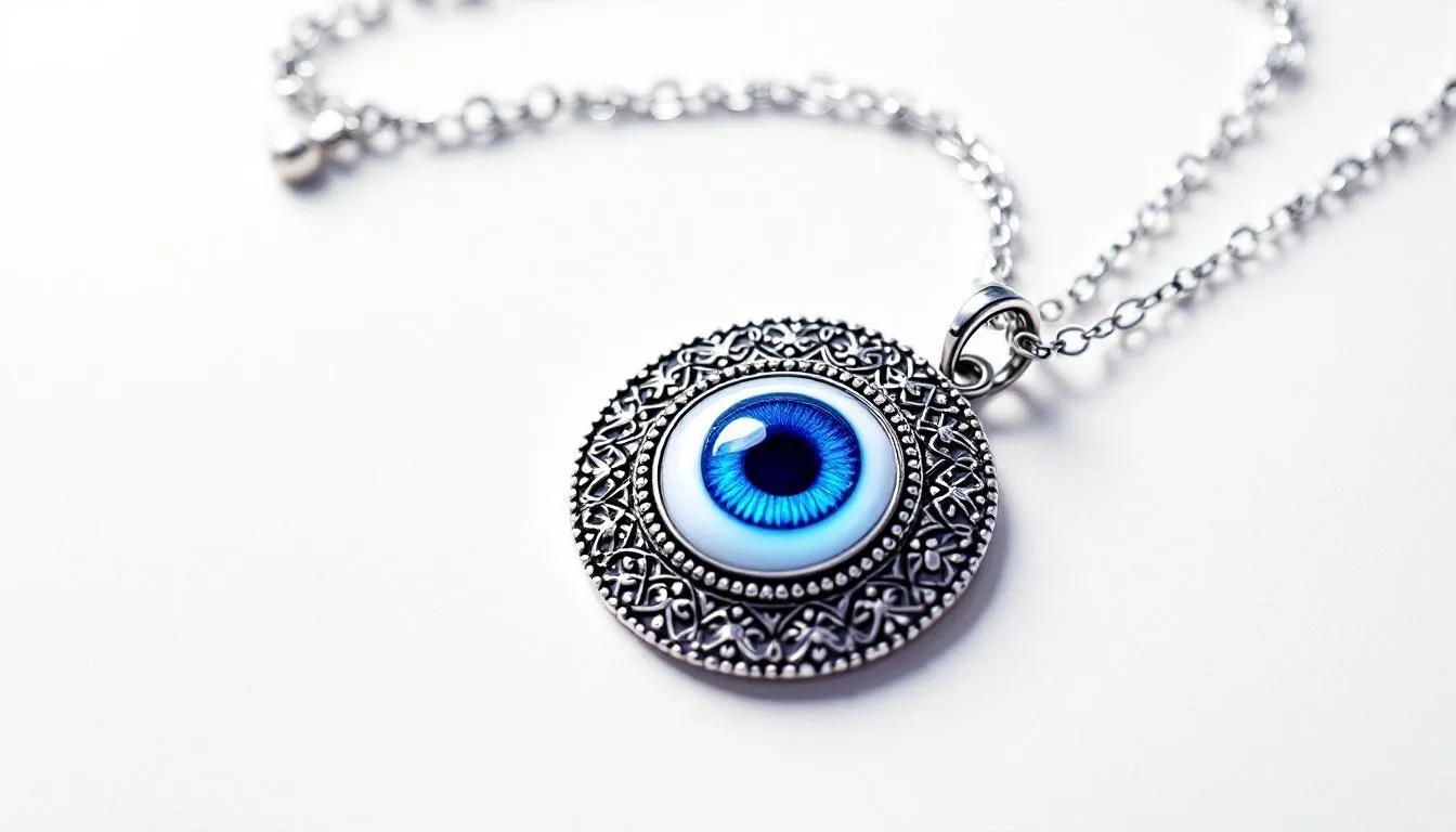 The image features a stunning evil eye necklace with a delicate eye pendant, elegantly crafted to ward off negativity and provide protection. This beautifully packaged piece is part of a collection that includes various lengths and matching bracelets, making it a perfect gift for a loved one.