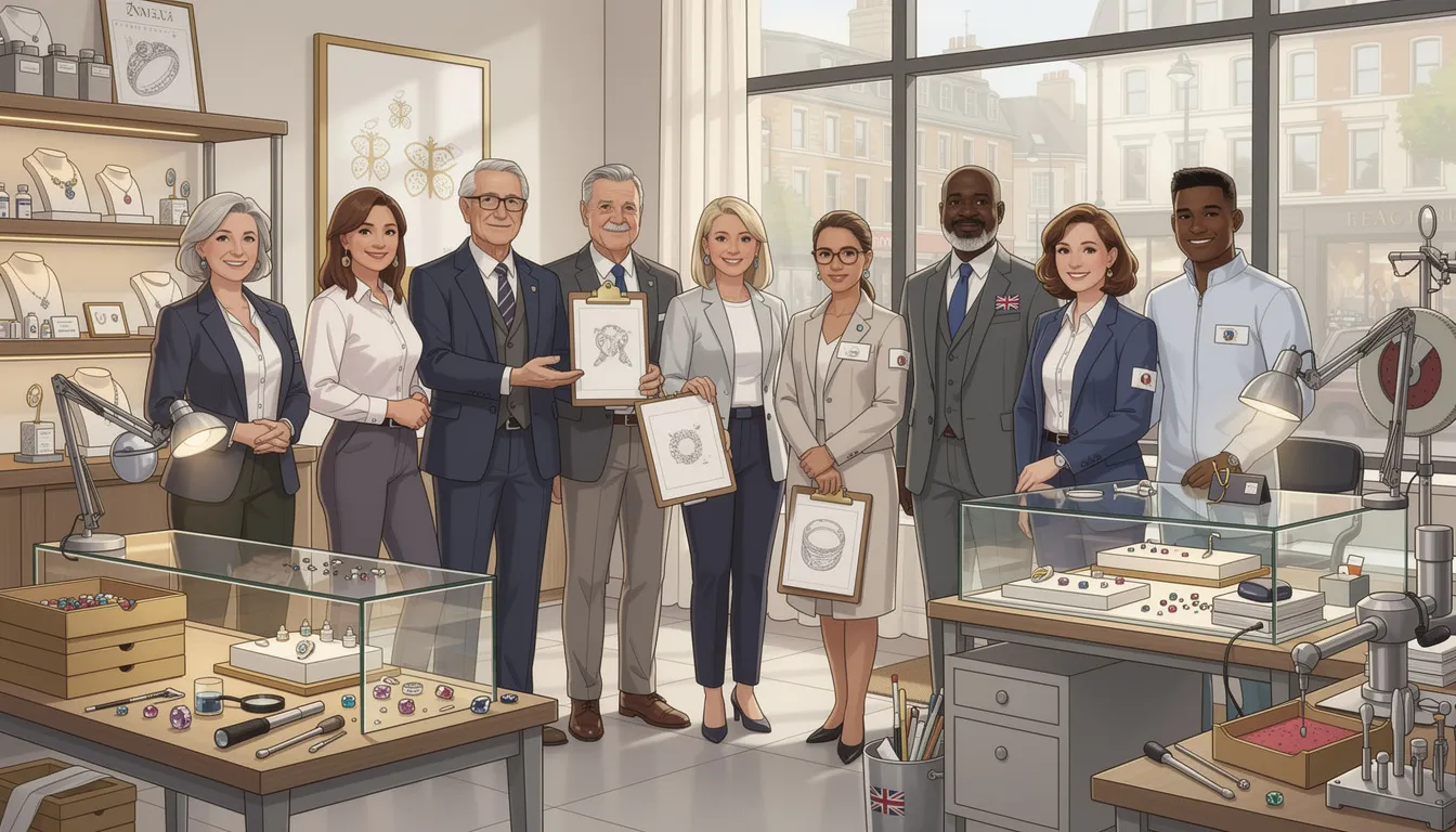 The image depicts a diverse group of individuals representing the NAJ family, which includes members from various sectors of the UK jewellery industry, such as retailers, manufacturers, and service providers. This assembly highlights the commitment to professionalism and support within the national association, fostering a community that promotes quality and integrity in the jewellery business.