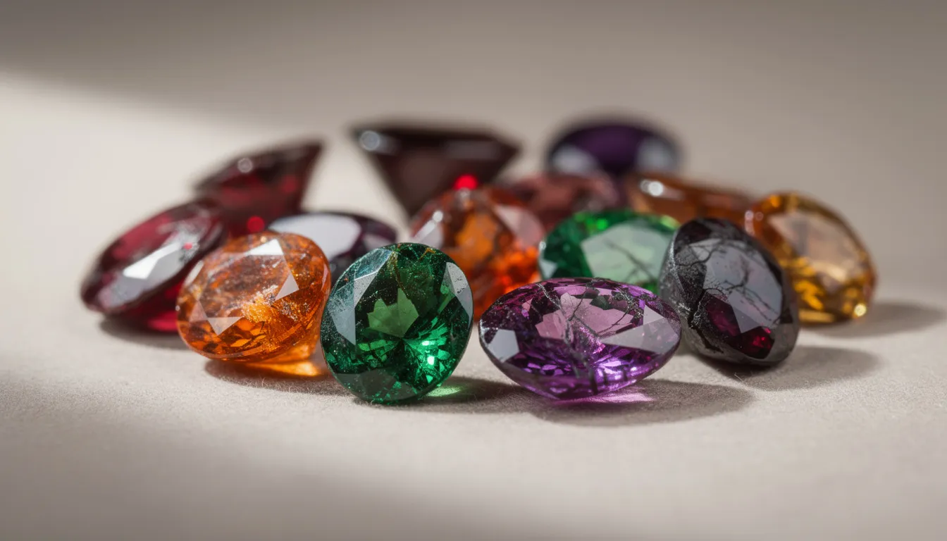 A vibrant collection of garnet crystals is displayed on a neutral surface, showcasing a variety of colors including deep reds, oranges, greens, and purples, highlighting the diverse garnet species and their gemstone quality. Each garnet exhibits unique optical properties and reflects light beautifully, emphasizing their natural beauty and crystal structure.