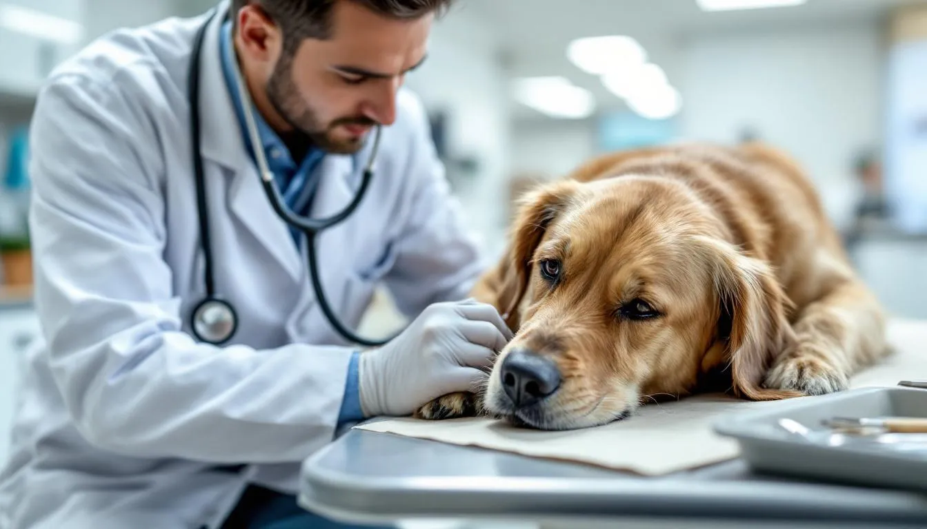 A veterinarian is examining a lethargic brown dog lying on an examination table, focusing on clinical signs of potential infections such as canine monocytic ehrlichiosis, which is transmitted by infected ticks like the brown dog tick. The scene highlights the critical assessment process in veterinary medicine, emphasizing the importance of diagnosing tick-borne diseases in domestic animals.
