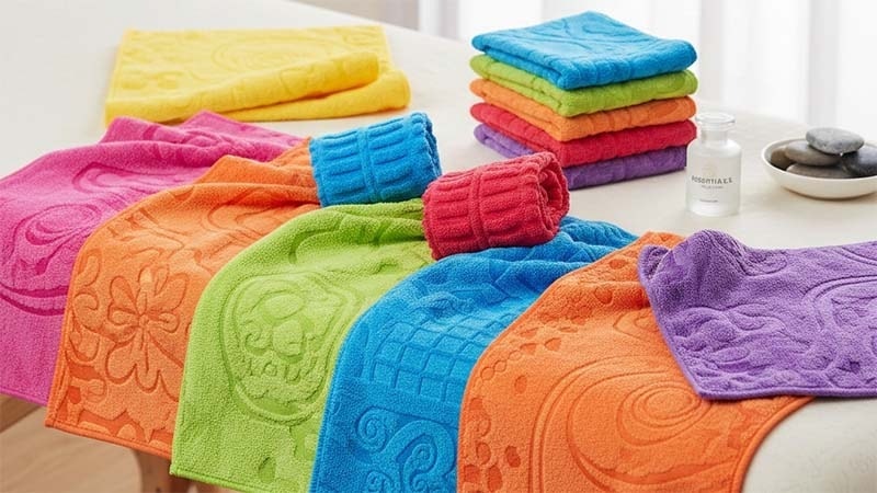 Colorful cleaning cloths on the spa table