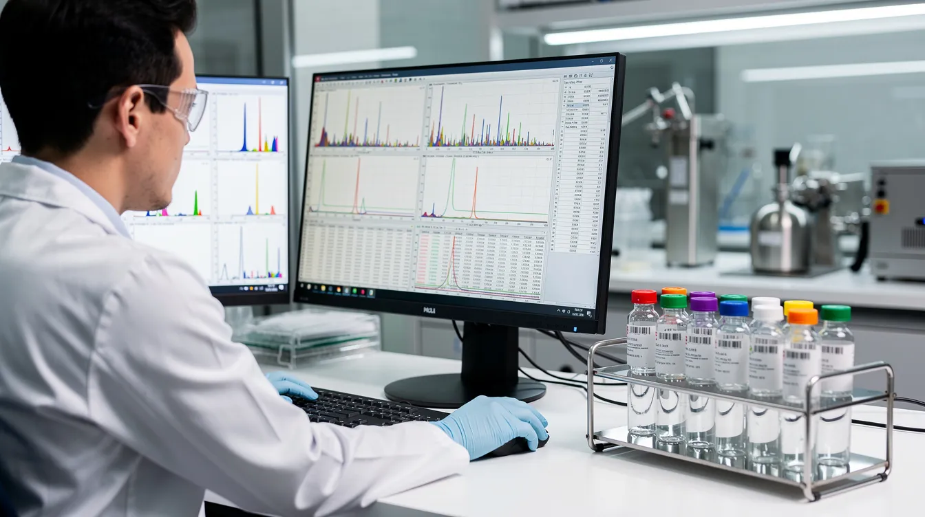 A scientist is intently reviewing chromatography data on a computer, surrounded by sealed sample vials in a modern analytical laboratory. This setting highlights the importance of peptide research and quality verification in the field of peptide sciences.