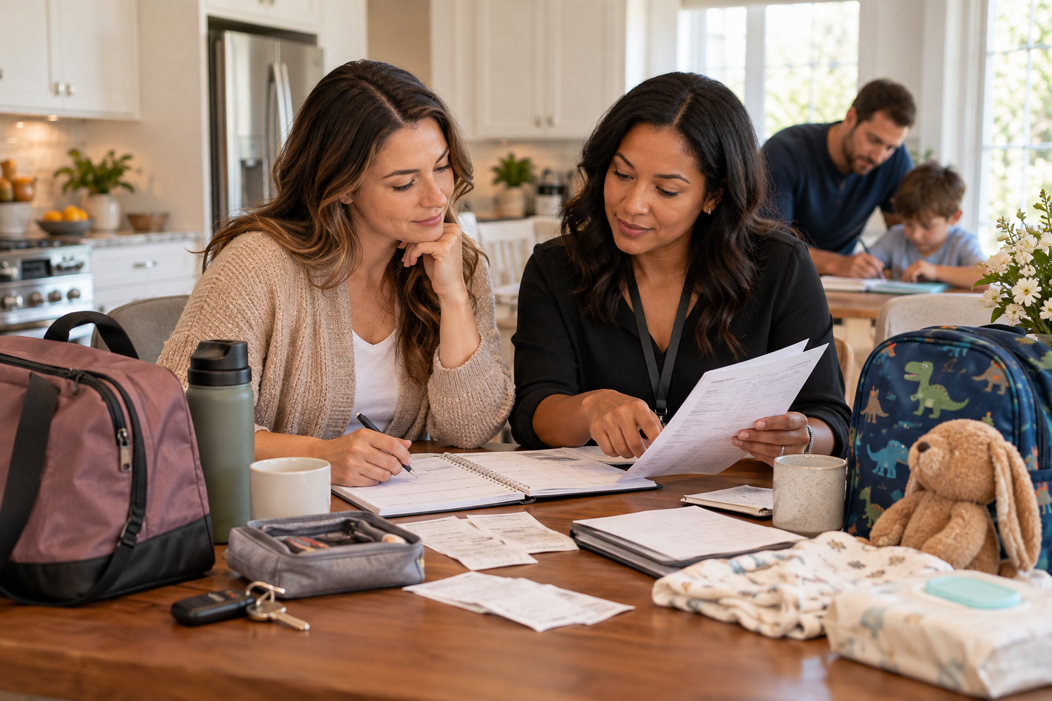 Surrogate reviewing travel, childcare and additional journey benefits with an agency coordinator