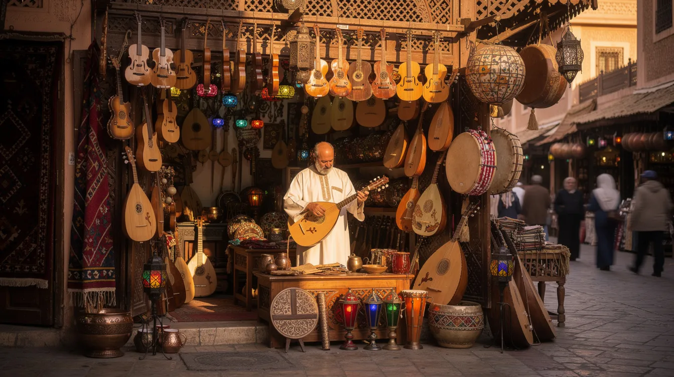 The image depicts a vibrant Moroccan instrument shop nestled within a traditional souk marketplace, showcasing an array of colorful Moroccan musical instruments, including stringed and percussion instruments. The shop reflects the rich cultural heritage of Morocco, where master craftsmen create essential instruments for various musical styles, such as gnawa music and traditional Moroccan music.
