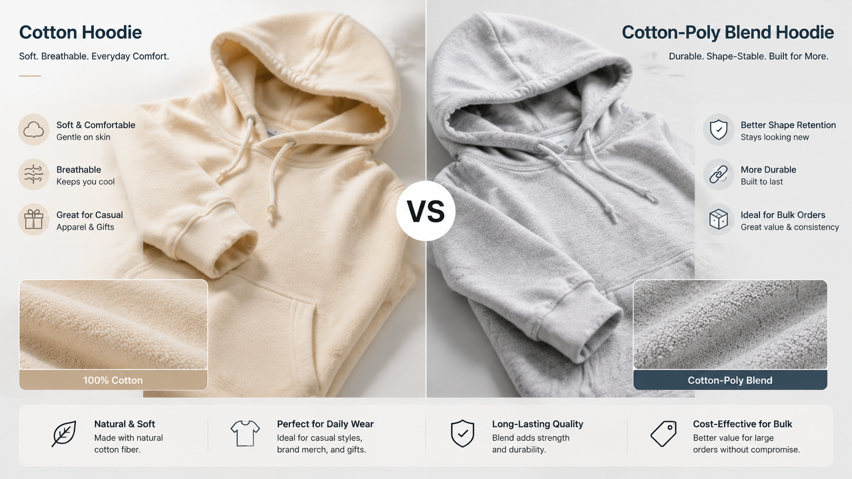 Cotton hoodie VS cotton-poly blend hoodie comparison for comfort, durability, and bulk orders