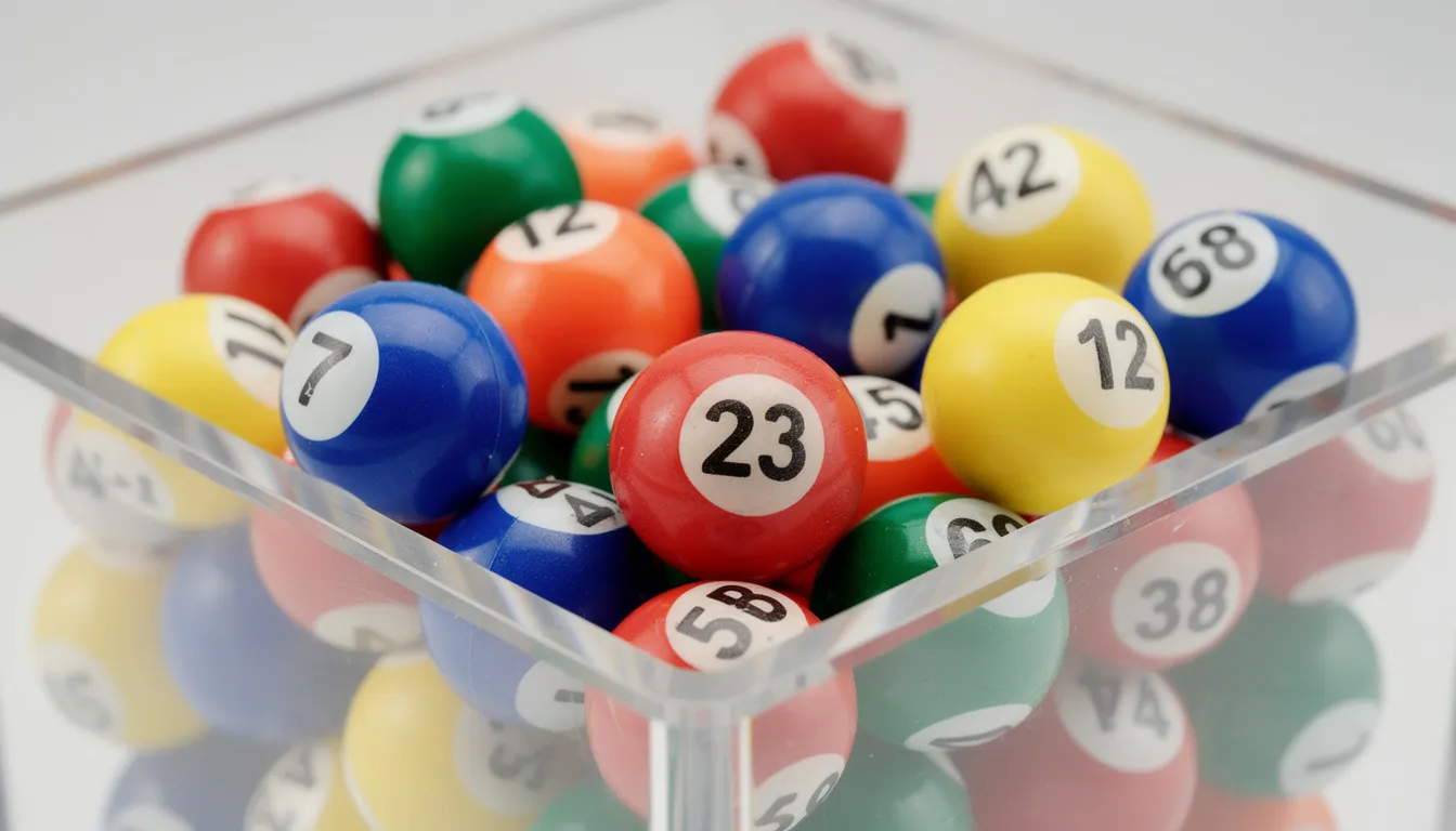 En genomskinlig behållare innehåller färgglada bingokuler i olika storlekar, vilket symboliserar det roliga och spännande med att spela bingo online. Dessa kuler kan representera de många möjligheterna att spela bingo på nätet, där svenska spelare kan ta del av olika bingospel och bonusar.