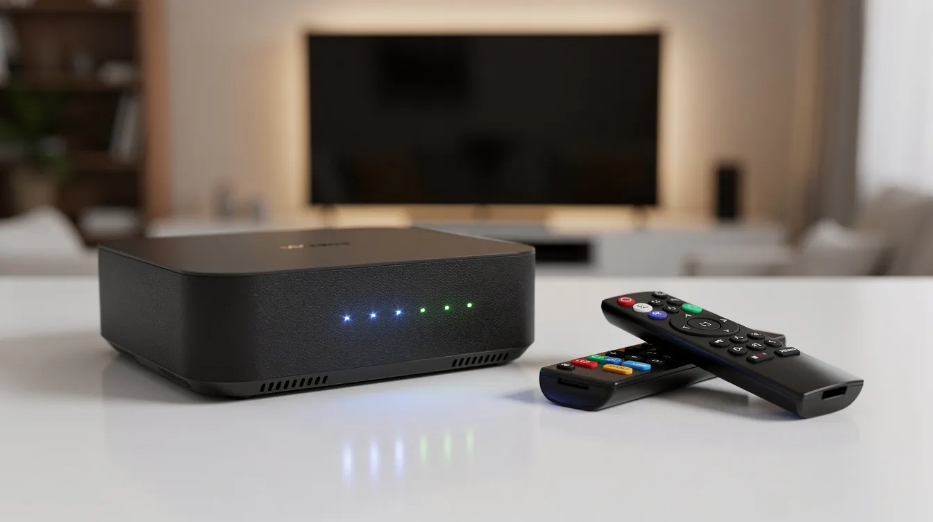 The image features a modern Wi-Fi router with glowing LED indicators, positioned next to various streaming remote controls, suggesting a setup for accessing internet protocol television (IPTV) services. This combination highlights the importance of a reliable internet connection for streaming live TV channels and premium content on devices like smart TVs and Android TV boxes.