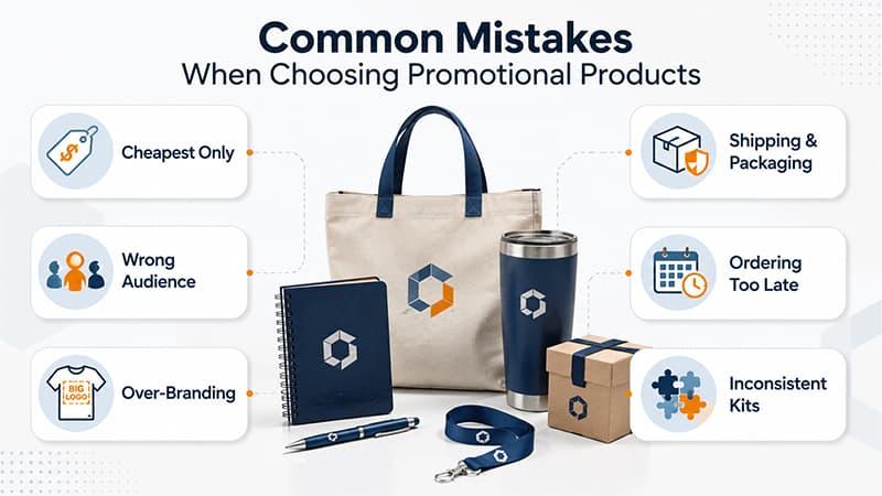 Common mistakes when choosing promotional products, including cheapest-only choices, wrong audience, over-branding, late orders, and inconsistent kits.