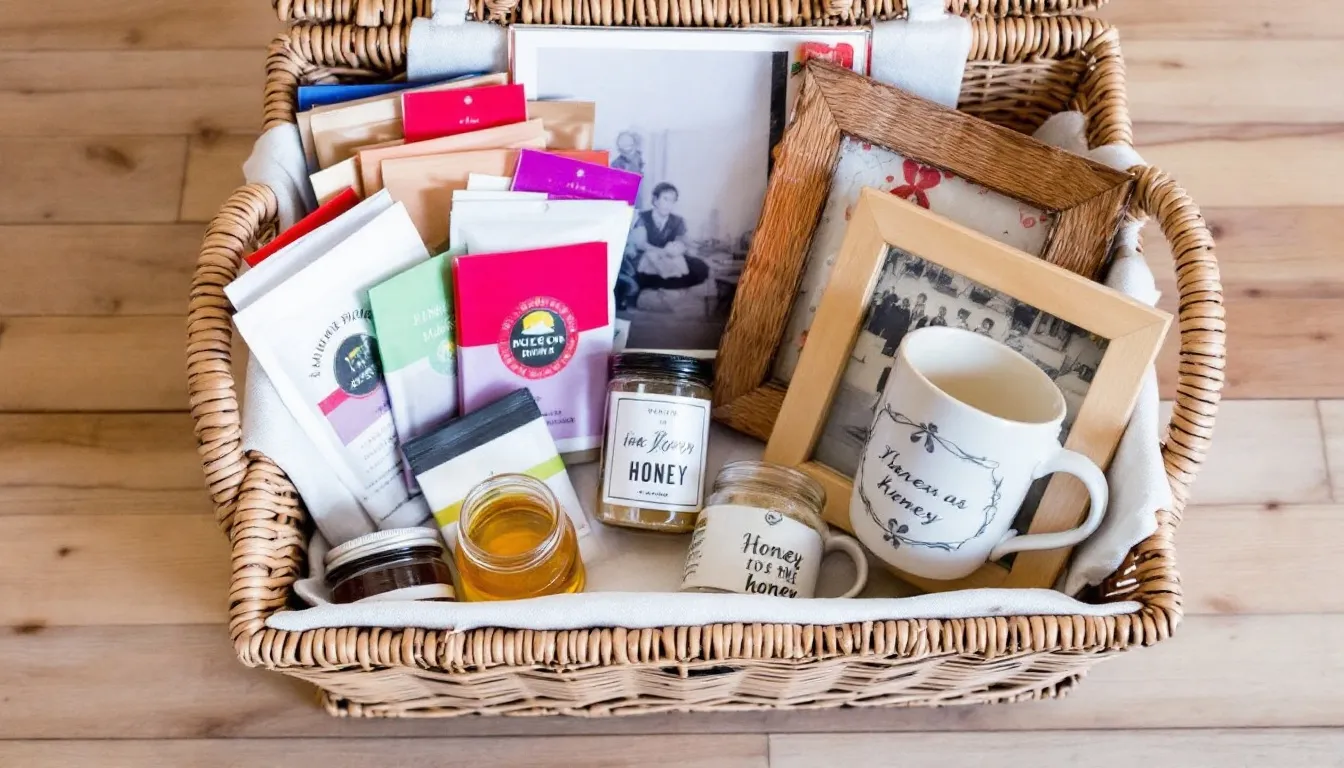 Na obrazku znajduje się kosz prezentowy, w którym znajdują się różnorodne herbaty, słoiki miodu, ramka na zdjęcia oraz personalizowany kubek. To idealny prezent na dzień babci i dziadka, który z pewnością wywoła uśmiech na ich twarzach i sprawi radość podczas wspólnych chwil.