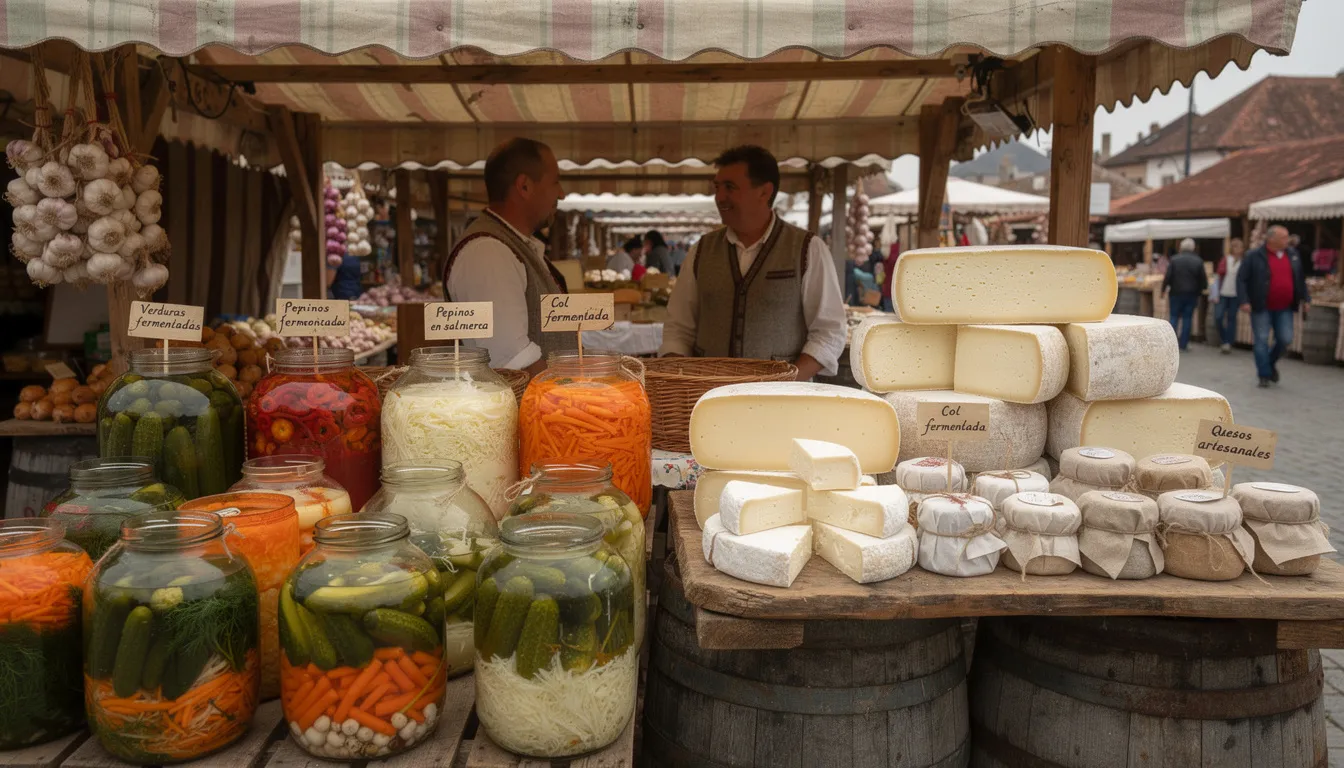 En un mercado tradicional rumano, se pueden ver coloridas verduras fermentadas y quesos artesanales, que reflejan la diversidad de la gastronomía de Rumanía. Este ambiente vibrante muestra la riqueza de los ingredientes típicos utilizados en platos como la ciorbă y las sarmale.