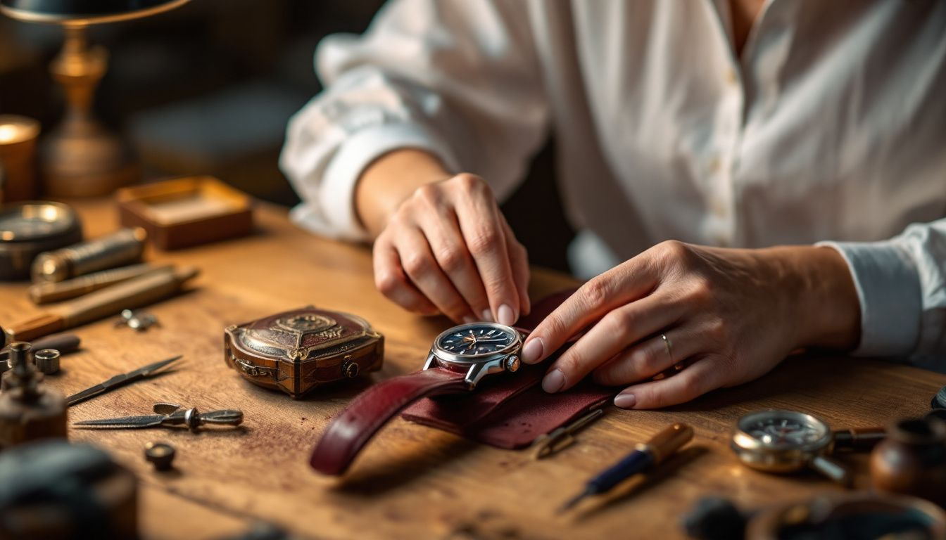 Artisan working on a handcrafted burgundy leather watch strap.