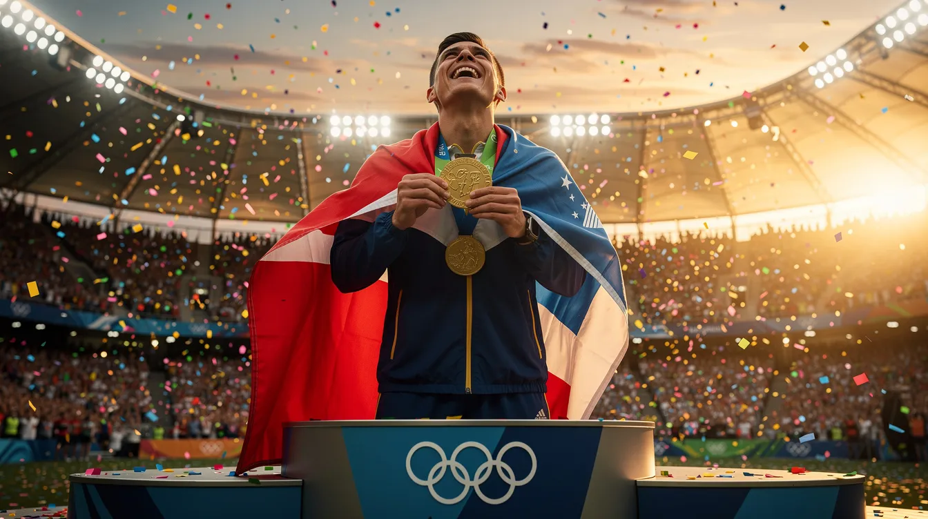 A proud athlete stands atop the Olympic podium, wearing a gold medal and draped in their national flag, surrounded by a cheering crowd in a large stadium. This moment marks a significant victory in their career, showcasing their achievement in major tournaments like the Australian Open and solidifying their status as a champion in the world of tennis.