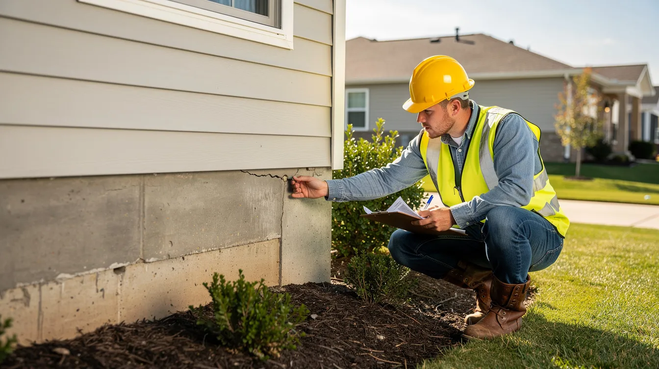 A person wearing work boots and a hard hat is inspecting the exterior foundation of a residential home, likely assessing its condition as part of the house flipping process. This careful examination is crucial for real estate investors to avoid unexpected renovation costs and ensure a successful flip.