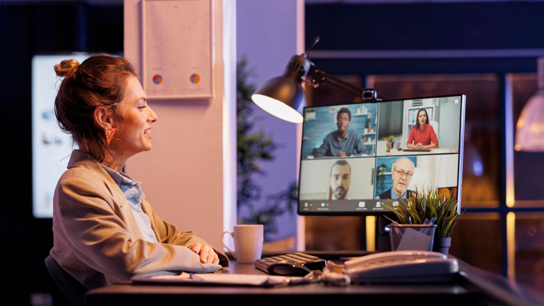 A woman in professional attire sits at a desk at night, engaged in a virtual meeting with five participants shown on her computer screen. The image highlights flexible business communication tools for video conferencing across different time zones.