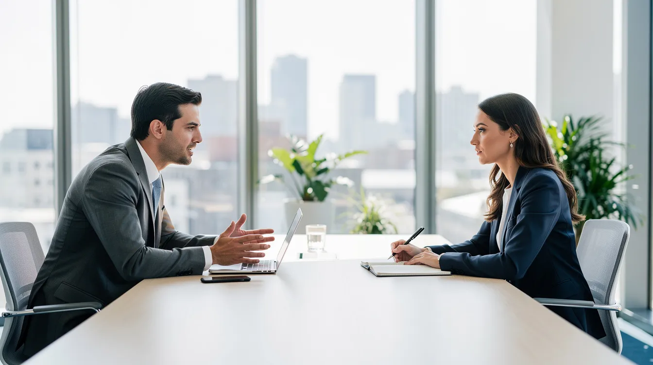 Dans cette image, deux professionnels se rencontrent dans un bureau moderne, l'un écoutant attentivement l'autre qui s'exprime avec des gestes, illustrant l'importance de la communication et de la gestion des objections dans le processus de vente. Cette scène reflète les techniques de négociation et la prise de contact nécessaires pour établir une relation de confiance avec un prospect.