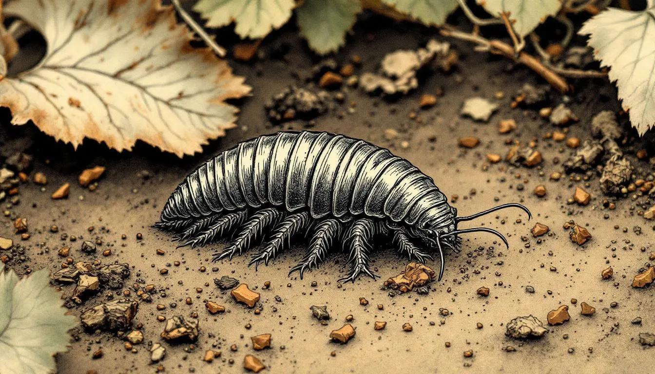 An illustration showing the role of woodlice in the ecosystem, interacting with soil and decaying matter.