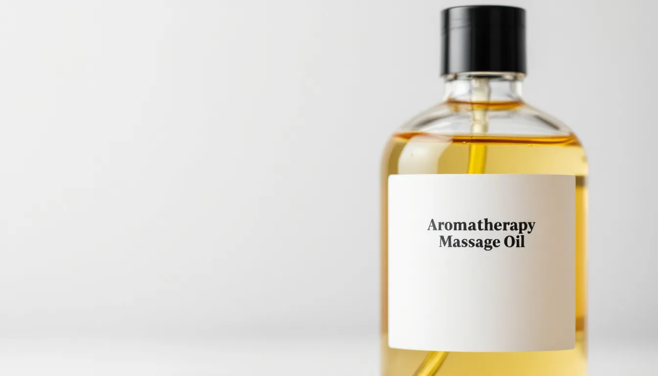 The image features various bottles of massage oil, including sweet almond oil, coconut oil, and jojoba oil, arranged aesthetically. These oils, known for their nourishing properties and therapeutic benefits, are often used in massage therapy to promote relaxation and soothe sore muscles.