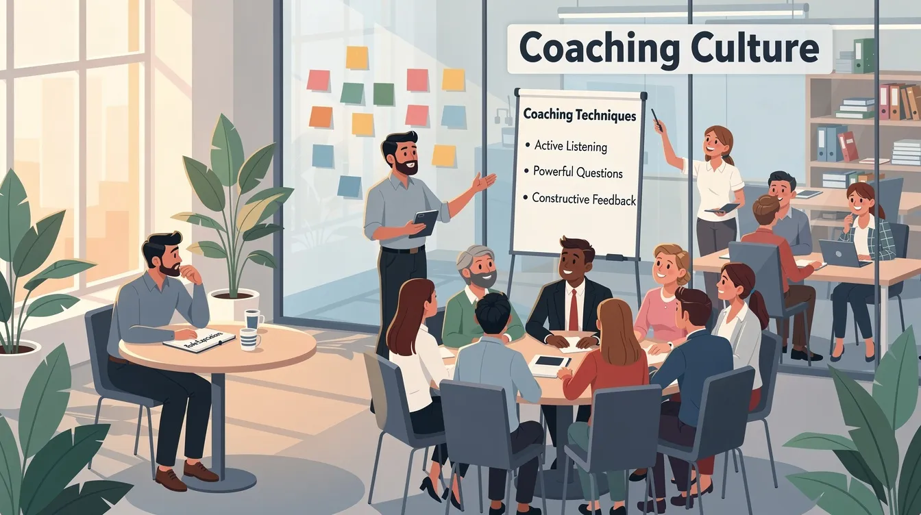 The image depicts a diverse group of managers engaged in a coaching session, practicing different coaching styles such as democratic and holistic coaching. This collaborative environment is designed to enhance professional transformation and foster effective coaching techniques within the organization.