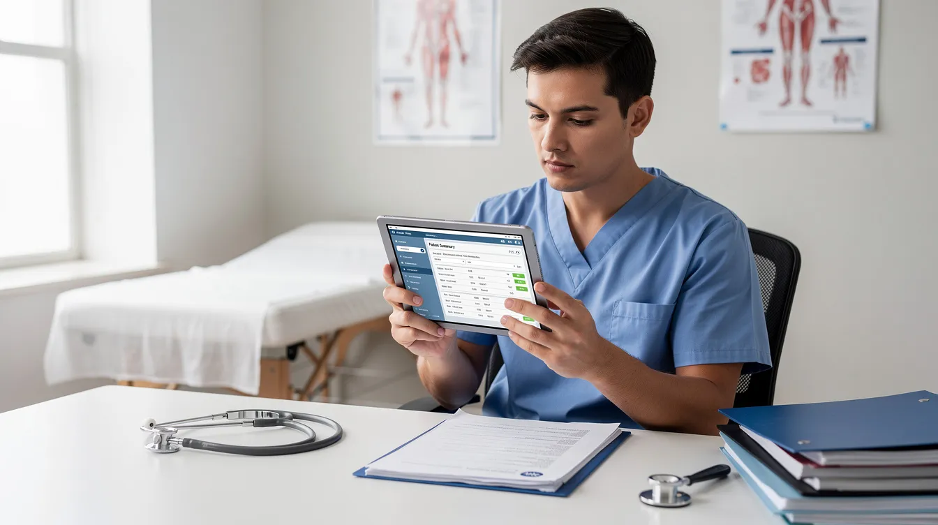 A medical professional is seated in a clinic, intently reviewing patient charts on a tablet, which may include data related to conditions like narcolepsy and idiopathic hypersomnia. The setting suggests a focus on clinical studies and treatment options, highlighting the importance of evaluating patient eligibility and safety in ongoing research.