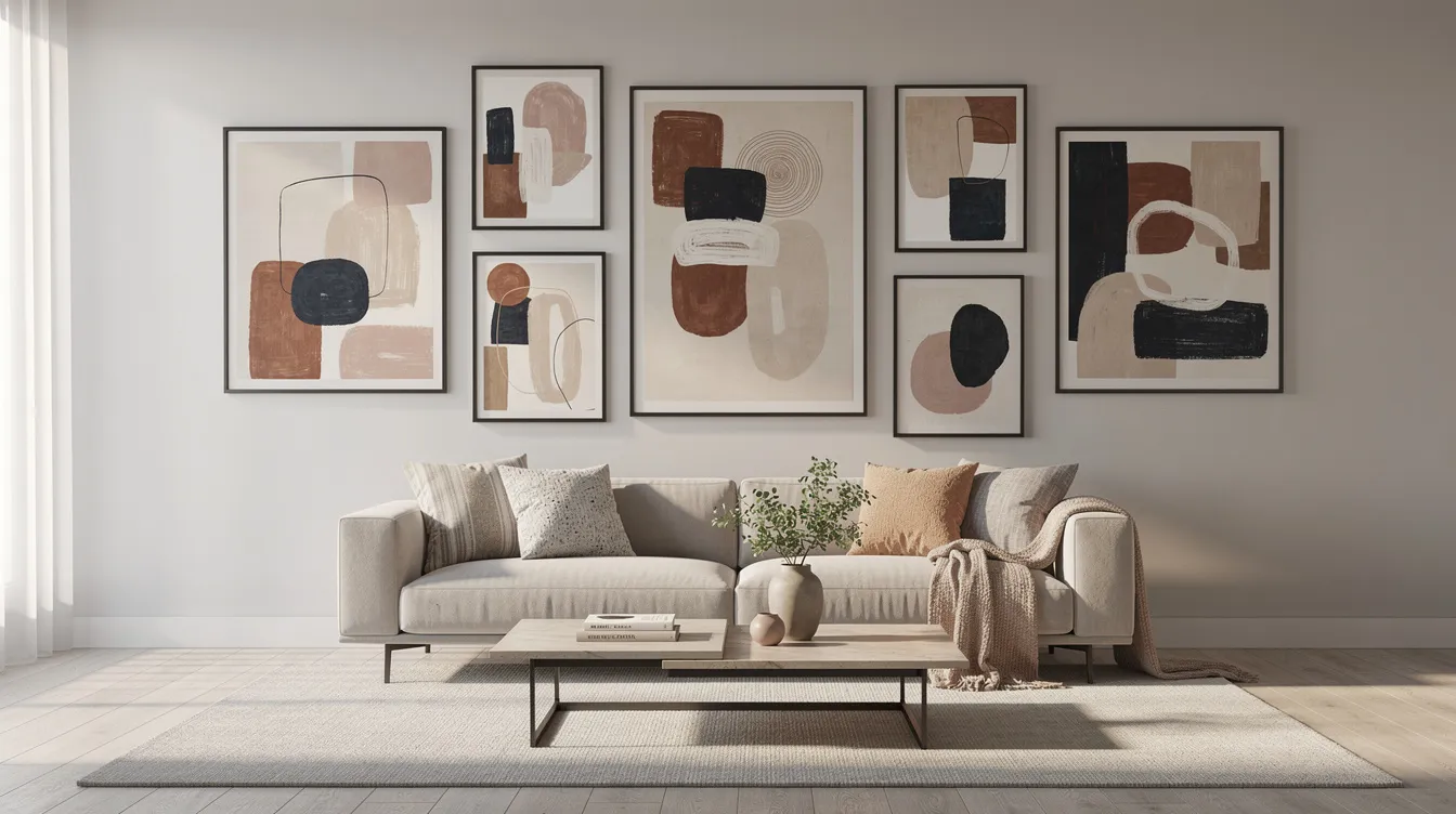 En tavelvägg i ett modernt vardagsrum visar en samling av abstrakt konst med olika färger och motiv, vilket skapar en harmonisk och stilren inredning. Konstverken, som ofta inkluderar abstrakta tavlor och posters, ger rummet en unik karaktär och uttrycker betraktarens personliga smak.