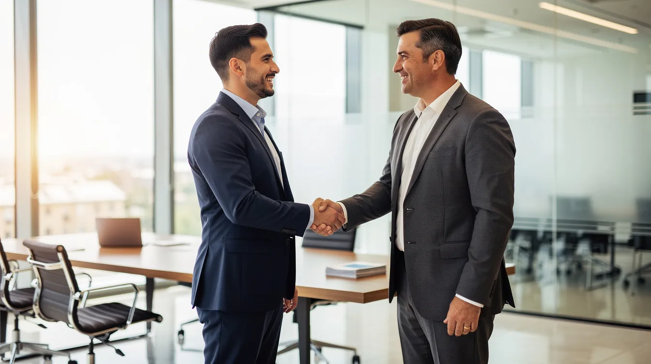 The image depicts two professionals shaking hands in a well-lit office setting, symbolizing a successful collaboration or agreement. This gesture reflects the importance of building valuable connections, akin to high-quality link building efforts that enhance search engine rankings and drive referral traffic.
