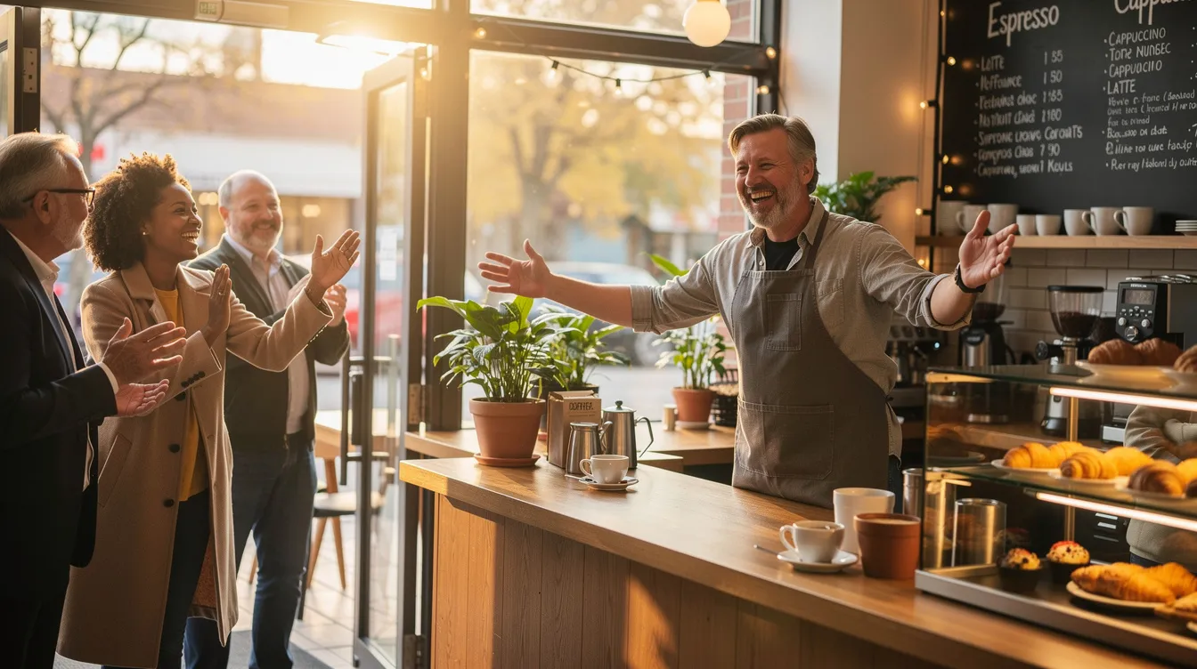 The image depicts a coffee shop owner warmly greeting regular customers as they enter the cozy establishment, creating an inviting atmosphere. The friendly interaction highlights the importance of building relationships in the community, akin to how quality backlinks enhance a website’s search engine rankings.