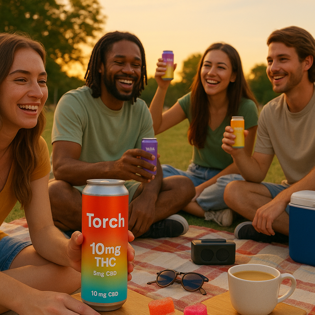 Group of young adults at a summer picnic holding colorful Torch THC drinks, seated on blankets with a visible can labeled “Torch – 10mg THC, 5mg CBD” in the foreground. Surrounding elements include sunglasses, a Bluetooth speaker, and a cooler under warm sunset light, evoking a relaxed, smoke-free social vibe.
