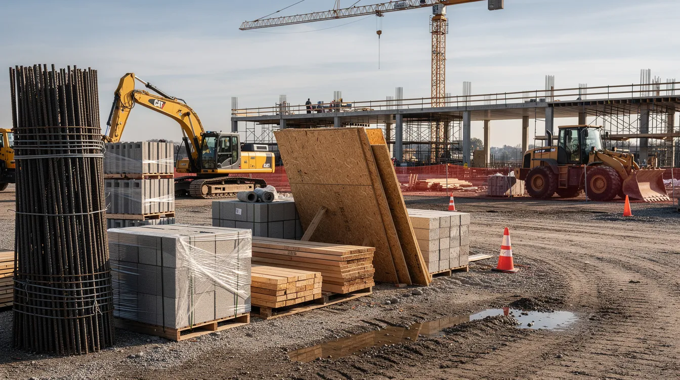 The image shows a job site with stacks of construction materials such as lumber and steel, while heavy equipment like excavators and cranes is visible in the background. This scene reflects the construction process, highlighting the importance of accurate cost estimates and project management in controlling overall construction costs.