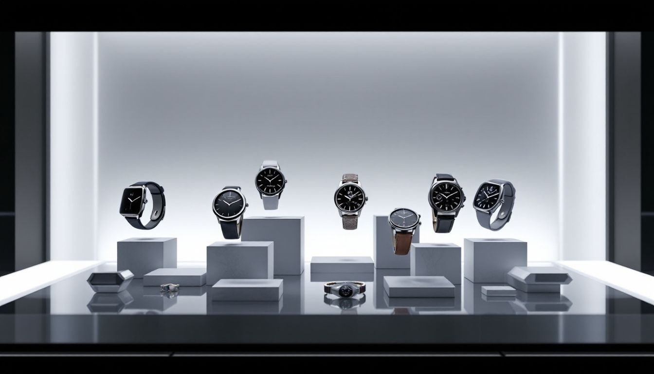 A collection of modern ring watches displayed in a retail setting.