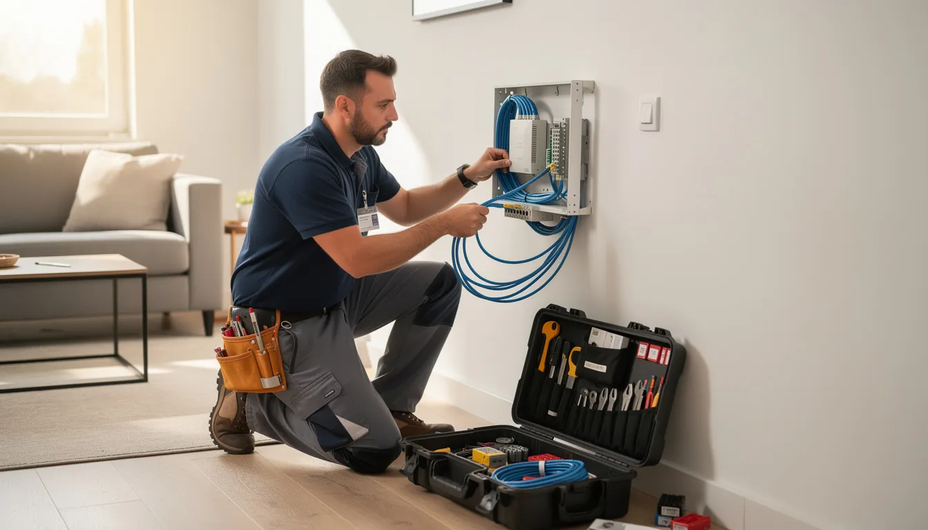 A technician is seen installing networking equipment inside a home, setting up a reliable internet service with fiber optic cables for enhanced upload and download speeds. This professional installation ensures strong connectivity for multiple users, ideal for video conferencing and large data transfers.