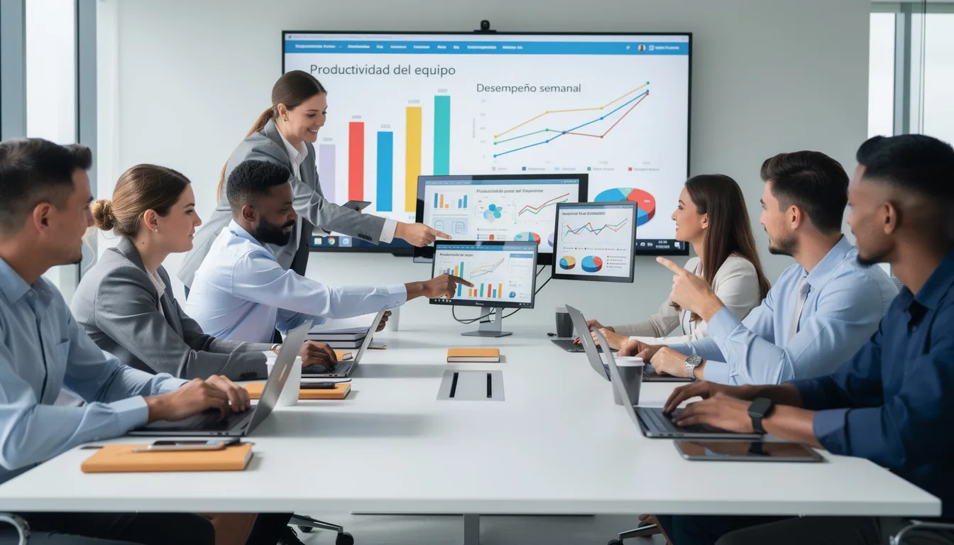 Un equipo de trabajo colabora frente a pantallas digitales, analizando gráficos de productividad y utilizando herramientas de inteligencia artificial para mejorar la toma de decisiones y automatizar tareas. La escena refleja un entorno dinámico donde los empleados se enfocan en optimizar flujos de trabajo y enfrentar los retos del mercado.