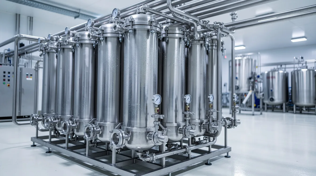 The image depicts stainless steel membrane filtration modules within a dairy processing plant, essential for the whey protein manufacturing process. These advanced filtration systems are crucial for separating liquid whey, contributing to the production of high-quality whey protein powder used in dietary supplements and protein-rich diets.
