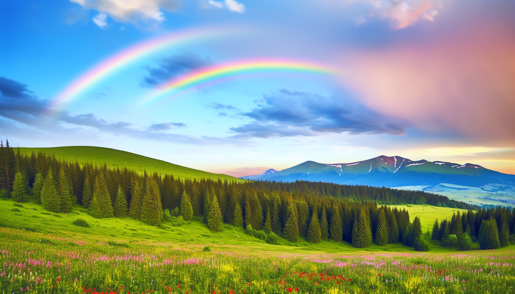 A serene landscape with a rainbow in the sky, symbolizing hope and blessings for a miracle baby