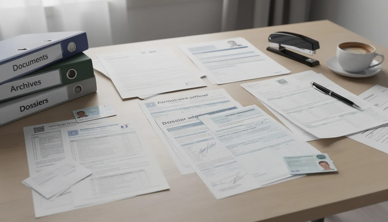 Sur un bureau encombré, des documents administratifs tels que des autorisations d'inhumation, des certificats médicaux de décès et des formulaires liés à l'état civil sont étalés, témoignant des démarches nécessaires pour les obsèques d'un défunt. On y trouve également une lettre du maire de la commune et des modèles de procès-verbaux pour la fermeture du cercueil.