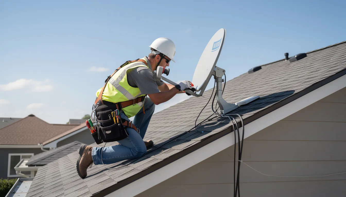 A technician is seen adjusting a satellite dish on a residential rooftop, ensuring optimal alignment for the best reception. This professional dstv installation service is crucial for correcting any signal issues and providing reliable access to dstv packages for homeowners.