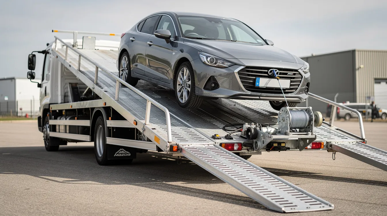 A flatbed carrier with extended ramps is seen loading a non-running sedan using a winch cable, showcasing specialized equipment for inoperable vehicle transport. This method ensures that the inoperable car is safely loaded onto the transport carrier for delivery to its destination.