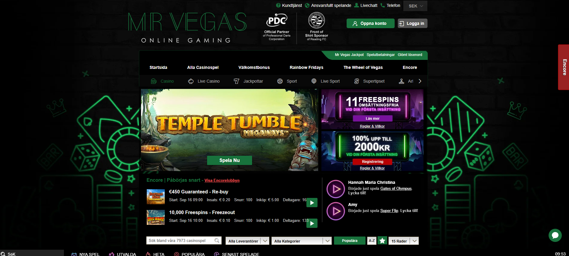 Startsidan hos Mr Vegas med casino, live casino, sport och bonusar samt aktuella spel och erbjudanden.