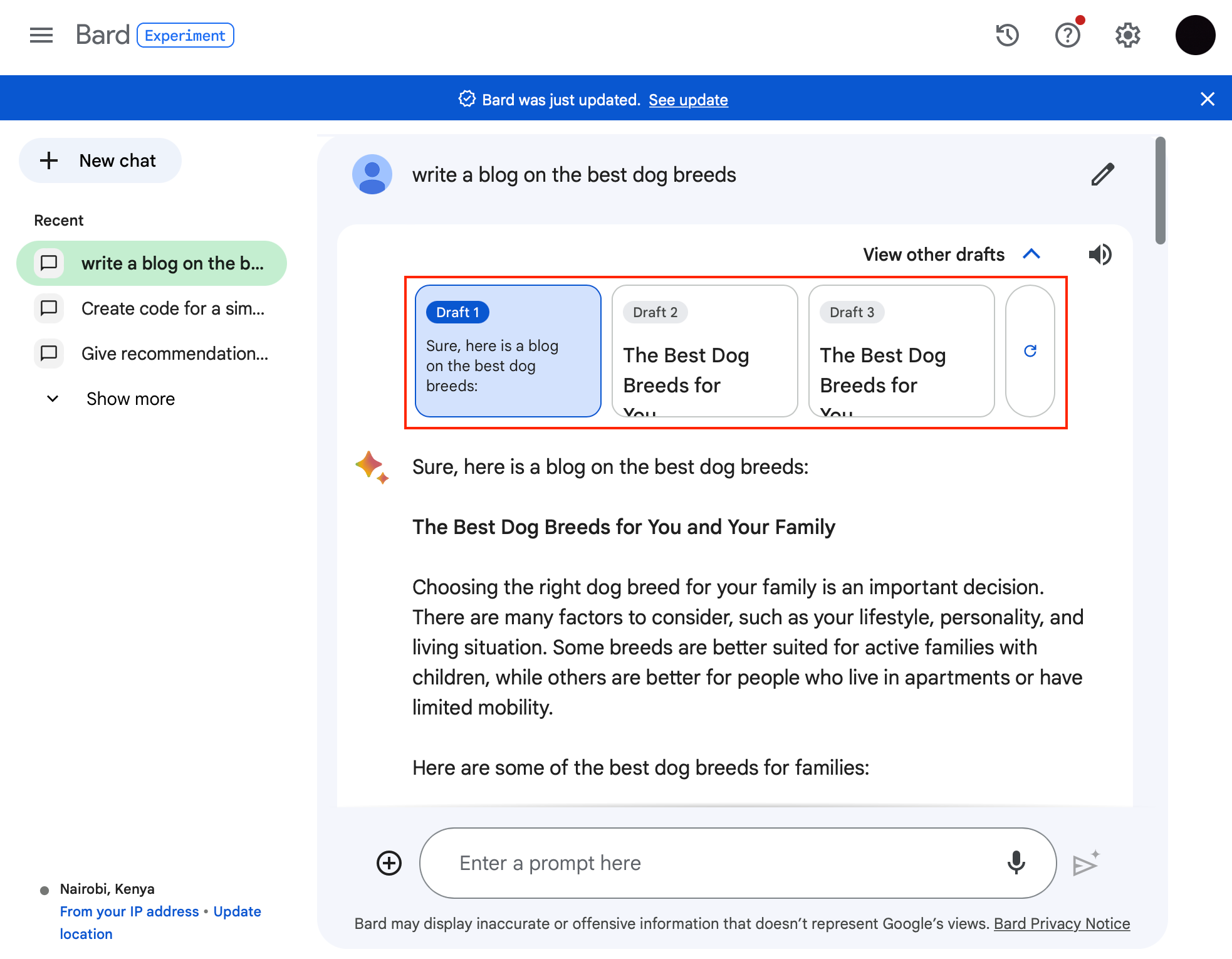 Bard multiple responses feature