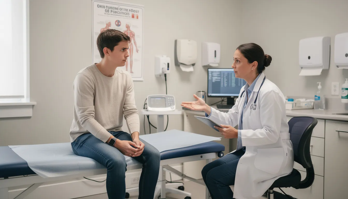 A healthcare professional is sitting across from a patient in a clinical setting, discussing topics related to metabolic health and the potential benefits of NMN supplementation, including its effects on insulin sensitivity and overall wellness. The environment is calm and professional, emphasizing the importance of informed discussions about health and nutrition.