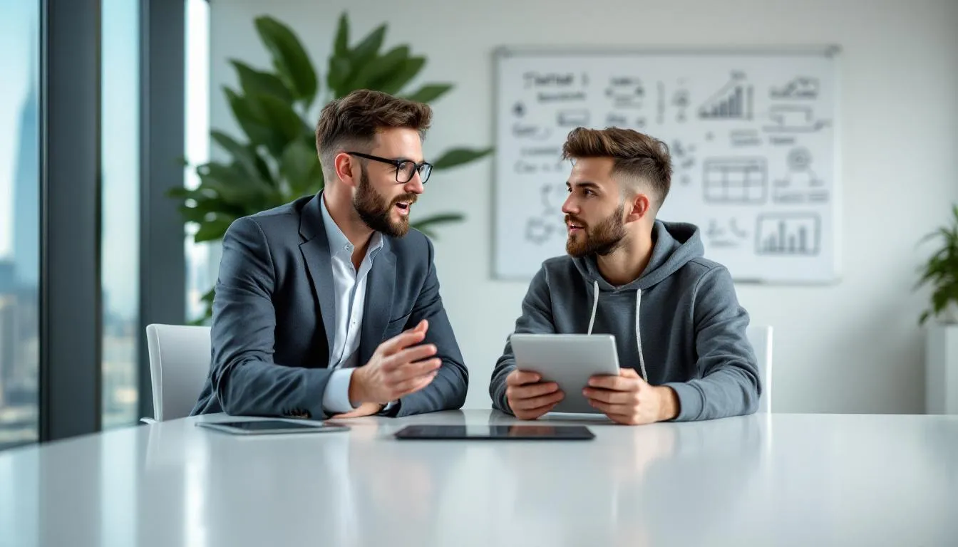 A startup coach guiding a startup founder through challenges.