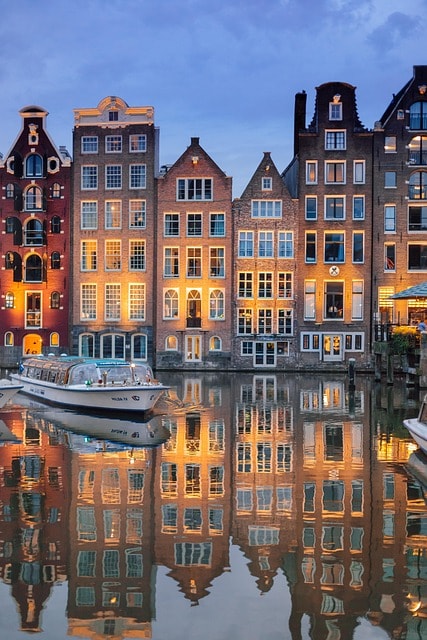 buildings, architecture, river, illuminated, reflection, phone wallpaper, mirror image, mirroring, boat, sailing, cruise, river cruise, amsterdam, nature, city, evening, night time, lights, netherlands, holland, water, sky, ship, tourism, amstelpark, amsterdam-buitenveldert, houses, aesthetic wallpaper, iphone wallpaper