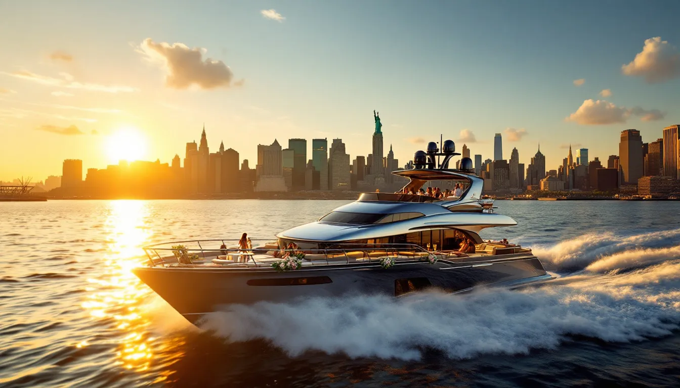 A luxurious yacht cruising on the Hudson River, offering stunning views of New York City.